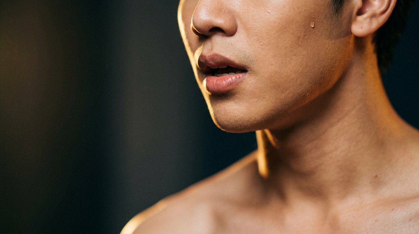 A close portrait of a Thai performer mid-breath, backlit by warm stage light.