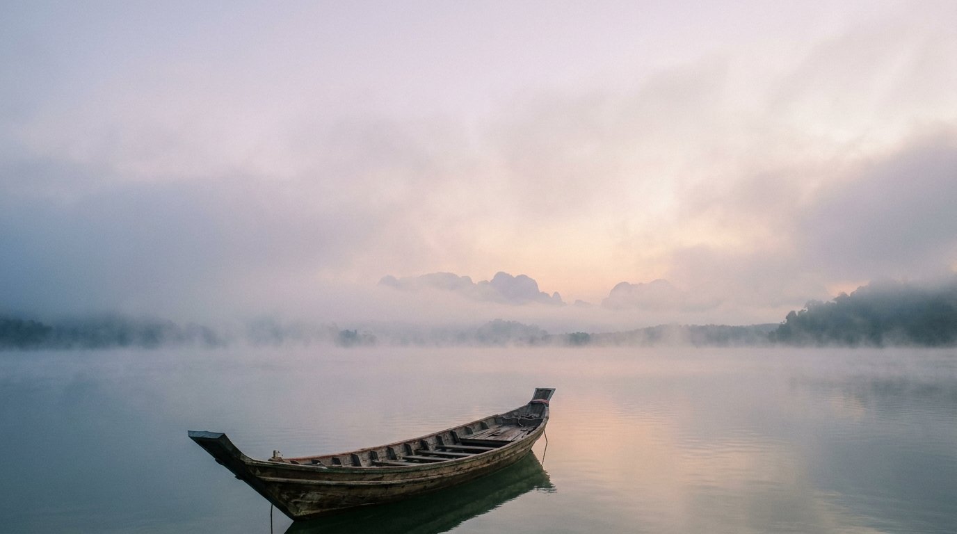 An empty long-tail boat at dawn.