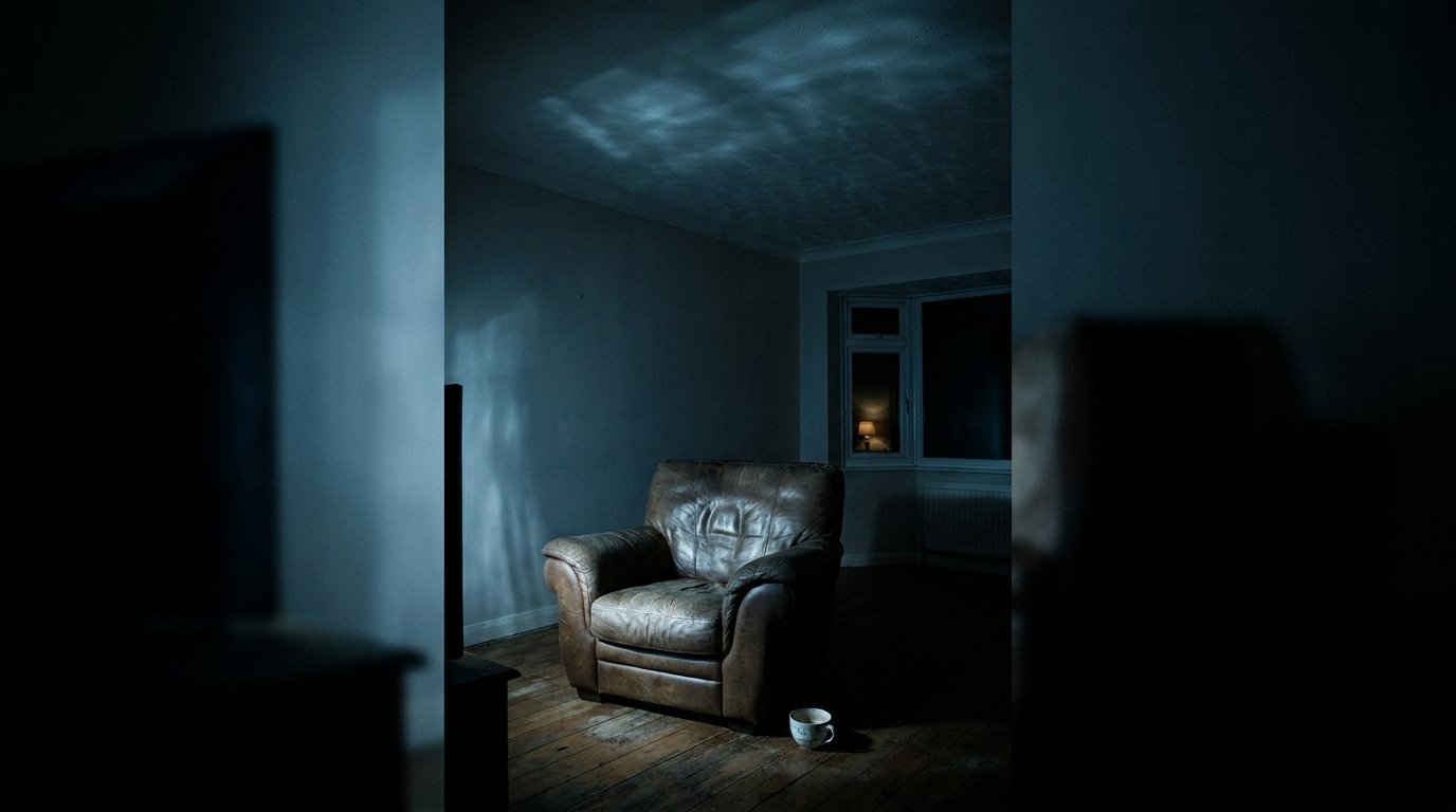 An empty leather armchair in a darkened room.